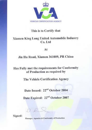 In March 2005, King Long fully passed the VCA certification and became the first to enter the European market.