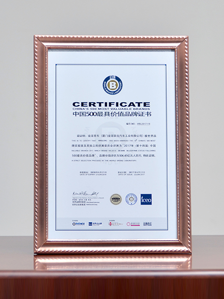 China's 500 Most Valuable Brands Certificate of the Year 2017